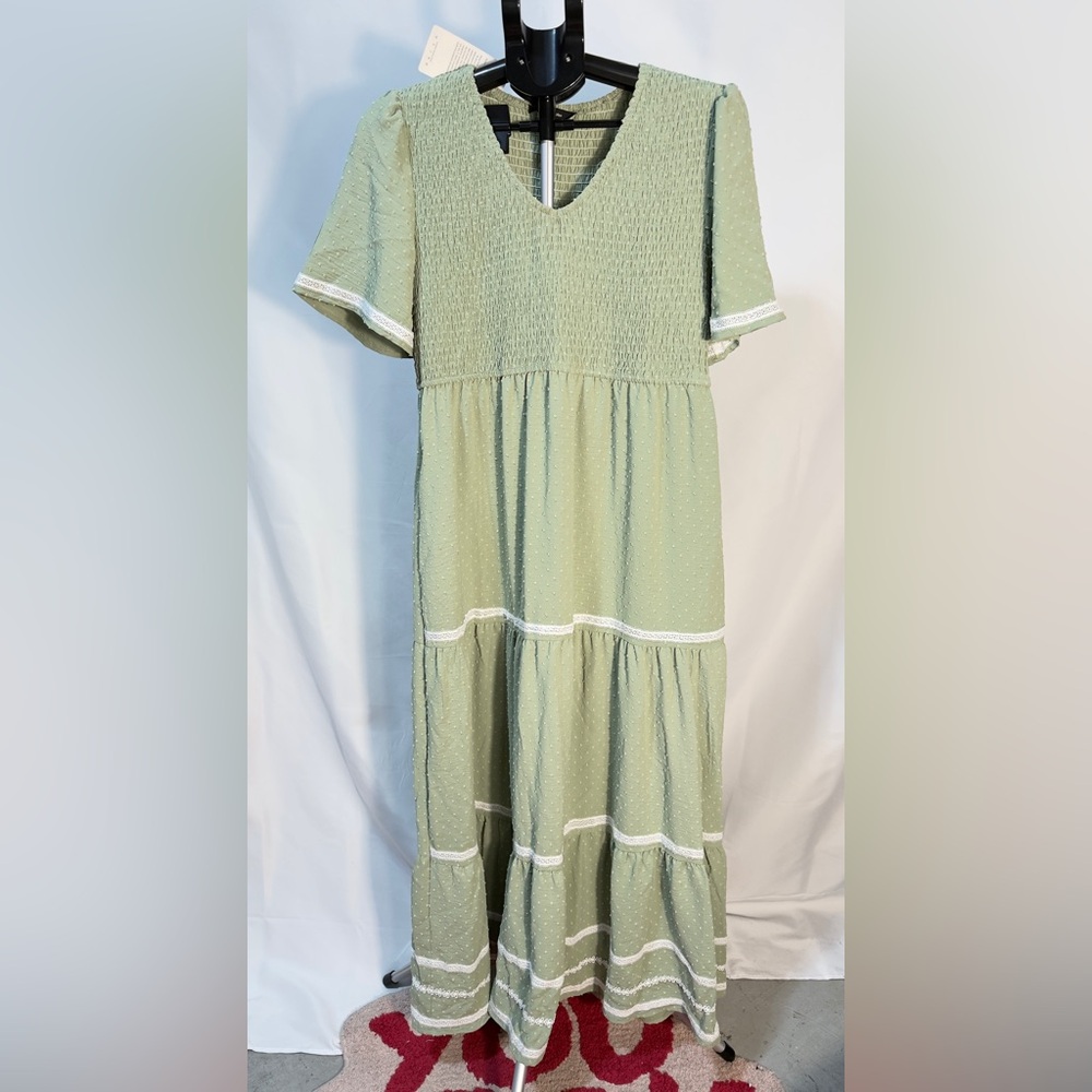 Olive Green Tiered Maxi Dress Cottagecore Boho Smocked Size L